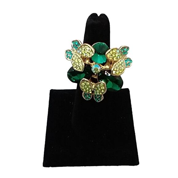Stretch Statement Ring Rhinestones by3 Butterflies in Shades of Green Gold Tone - Picture 1 of 5